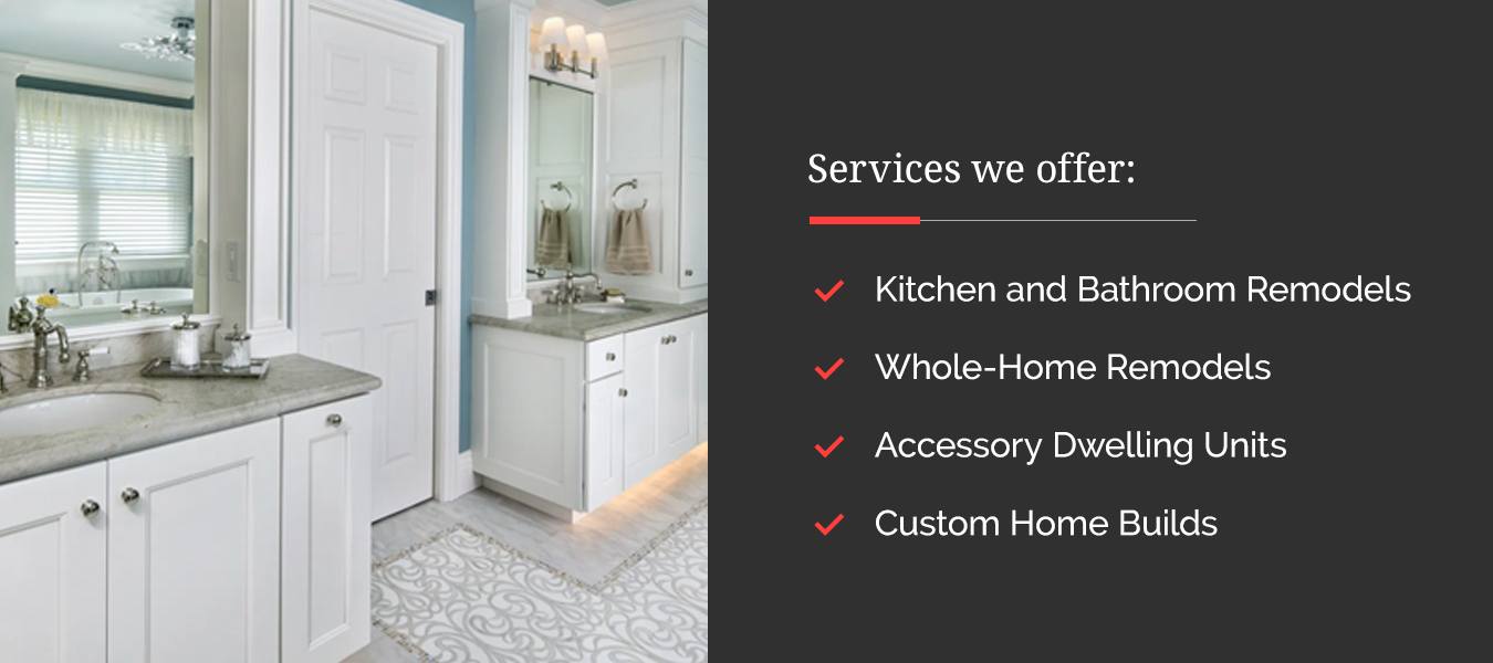 Valley Home Builders offers kitchen and bathroom remodels, whole-home remodels, accessory dwelling units, and custom home builds for aging in place.