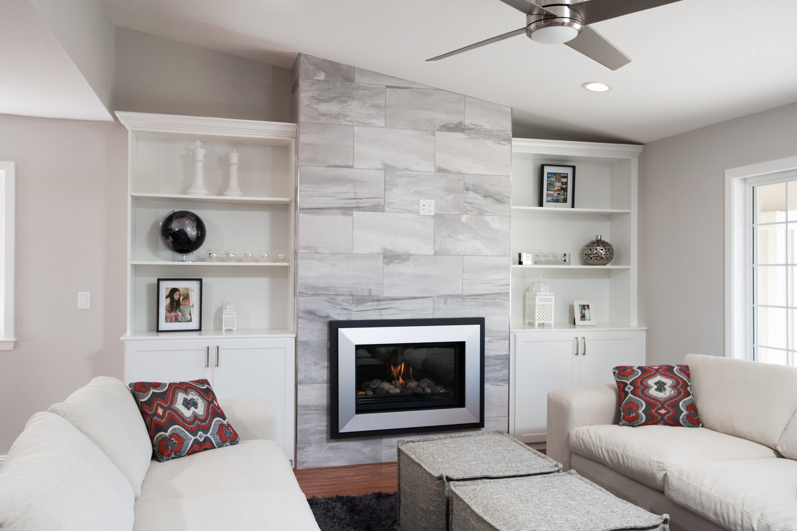 A fireplace recessed into a living room wall.